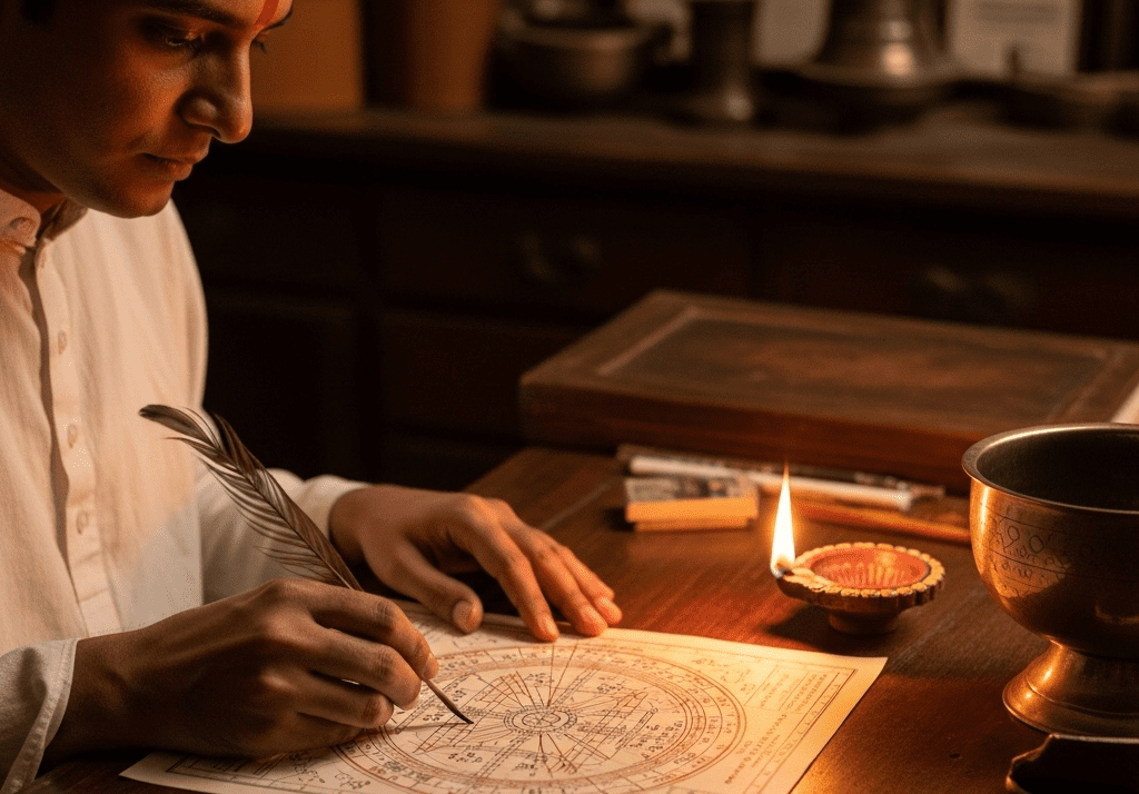 Astrologue expérimenté interprétant un thème astral traditionnel