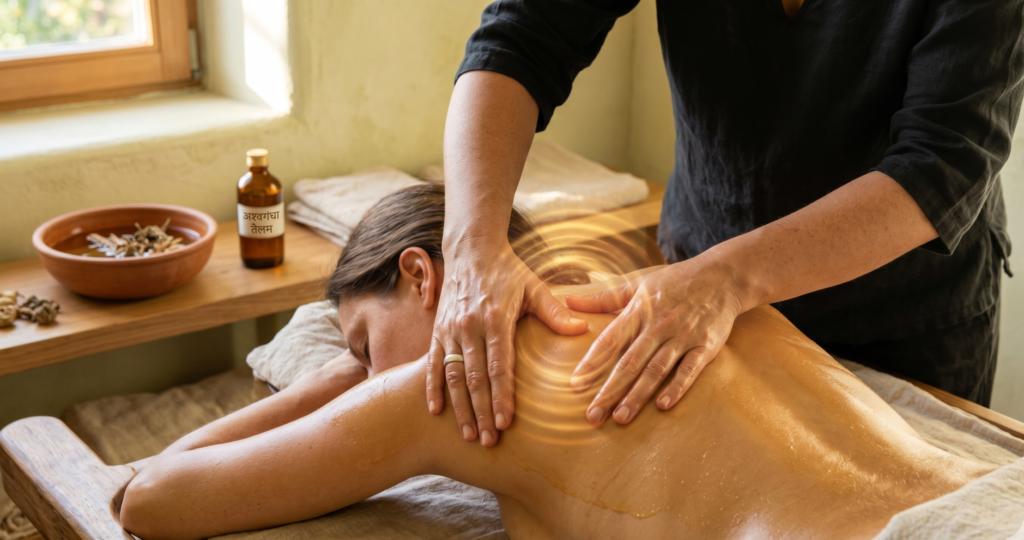 Massage Abhyanga Authentique-7 ans d'Expérience Clermont-Ferrand 2 Massage ayurvédique Abhyanga : mains de praticien Ayurvedalife massant le dos avec de l'huile traditionnel chaude, stimulant un point Marma avec un effet d'ondulation dorée dans un studio de bien-être serein