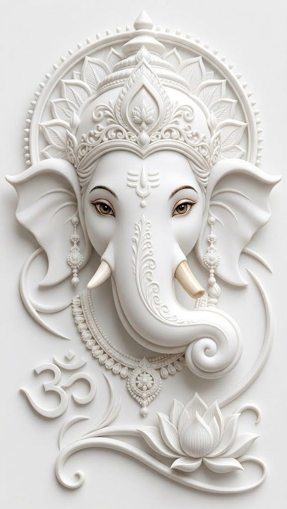 Sculpture en marbre blanc de Ganesh avec détails dorés, symbole Om et fleur de lotus pour étude d'astrologie védique Jyotish.